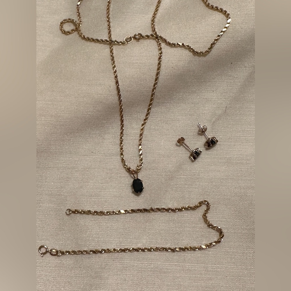 12 k Gold 3 piece Necklace set with Lab created Saphires